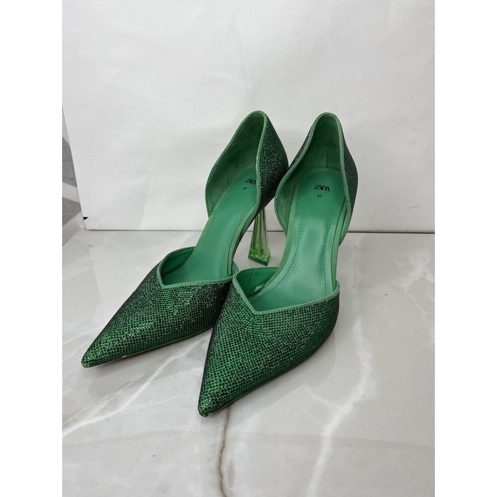 ZARA RHINESTONE HI HEEL STILETTO PUMPS SHOES GREEN SZ 37 Us 7 SLIP ON - Picture 5 of 10